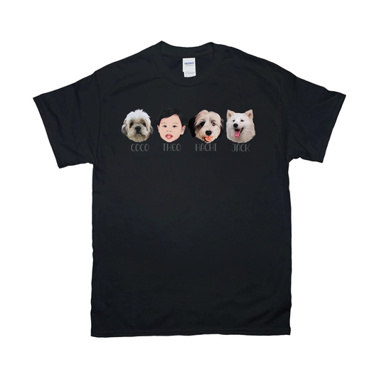 Minimalist Custom Pet and Me Face T-Shirts (4 Heads)