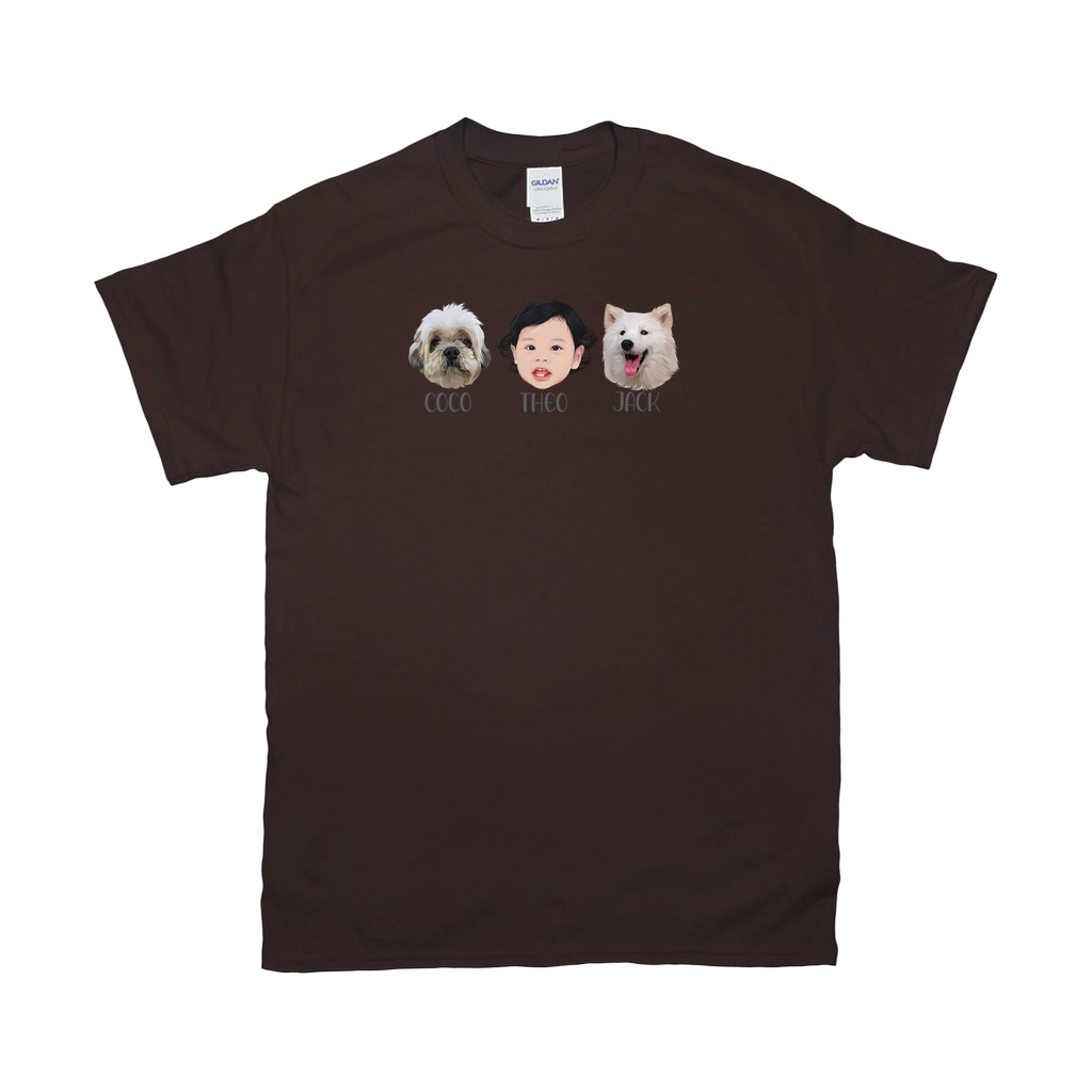 Minimalist Custom Pet and Me Face T-Shirts (3 Heads)