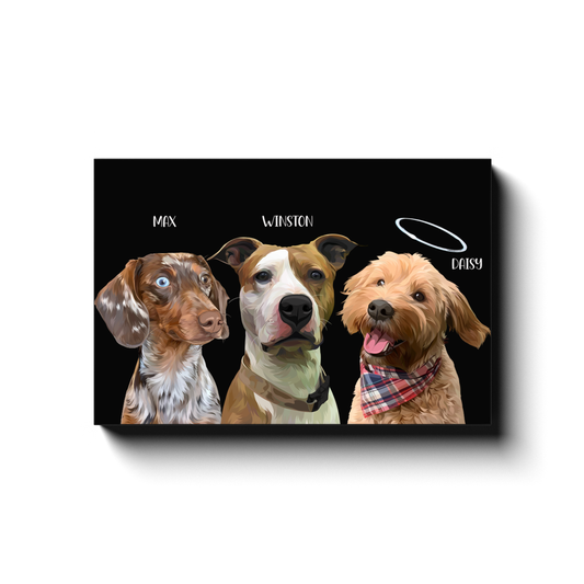 Custom Pet Face Canvas in Black with Names (3 head)